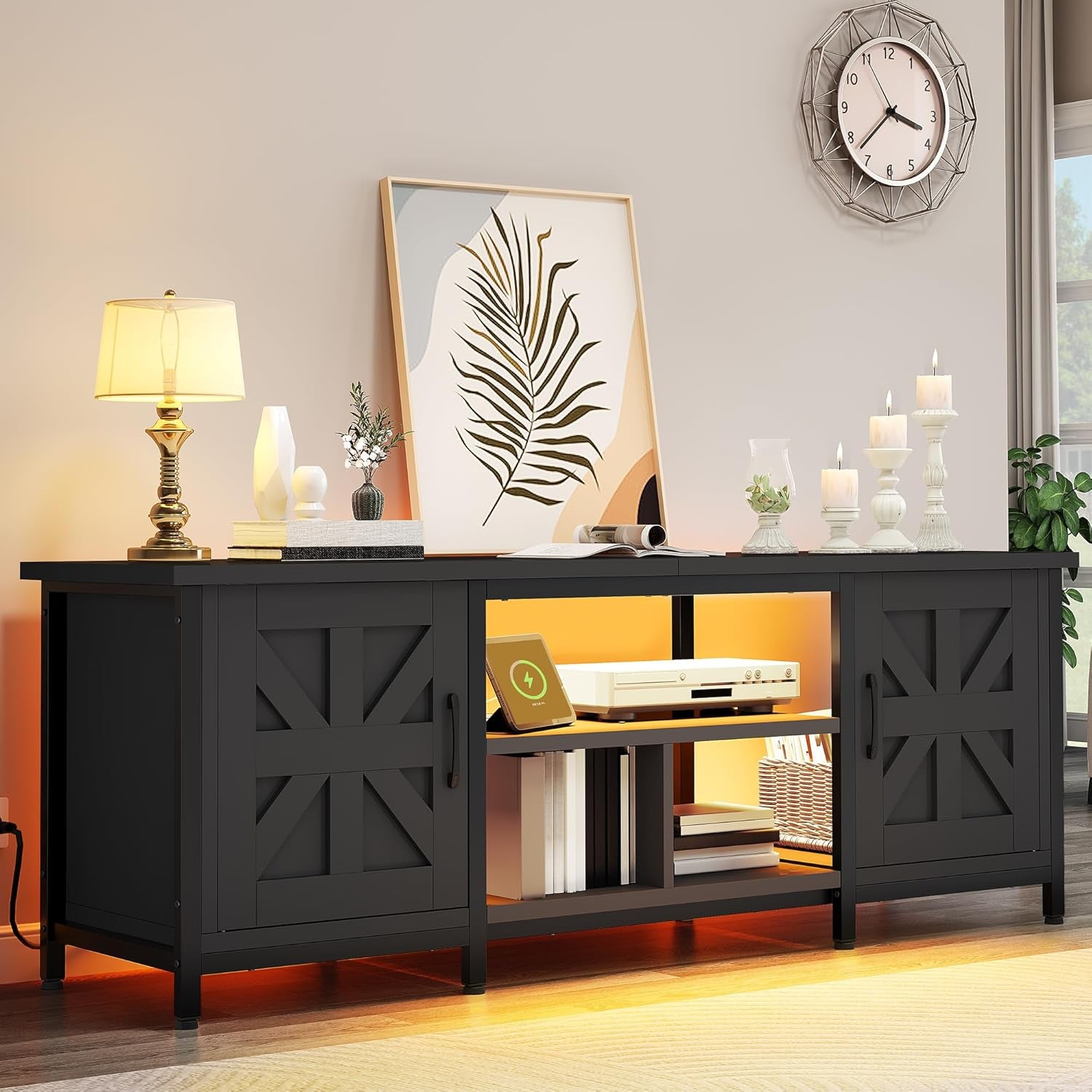 TV Stand with LED Lights & Charging Station, Farmhouse Entertainment Center with Storage Cabinets & Shelves, Cross-Pattern Doors, Fits Tvs up to 70'', TV Consoles for Living Room, Black