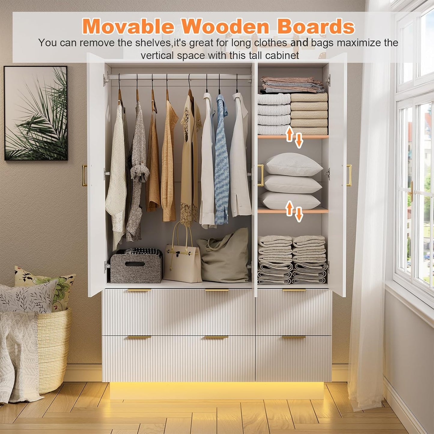 Armoire Wardrobe Closet with 3 Door, Bedroom Armoires with Mirror and LED Lights, Hanging Rod, Drawers, Large Capacity Storage Wardrobe Armoire for Bedroom