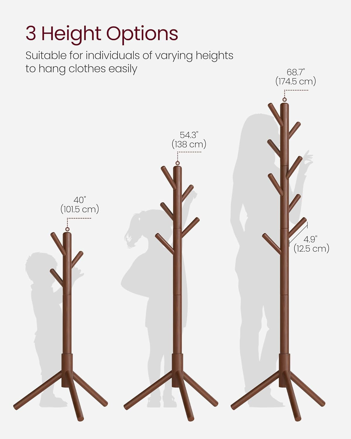 Solid Wood Coat Rack, Free Standing Tree-Shaped Coat Rack with 8 Hooks, 3 Height Options, for Clothes, Hats, Bags, Living Room, Bedroom, Home Office, Caramel Brown URCR04WN