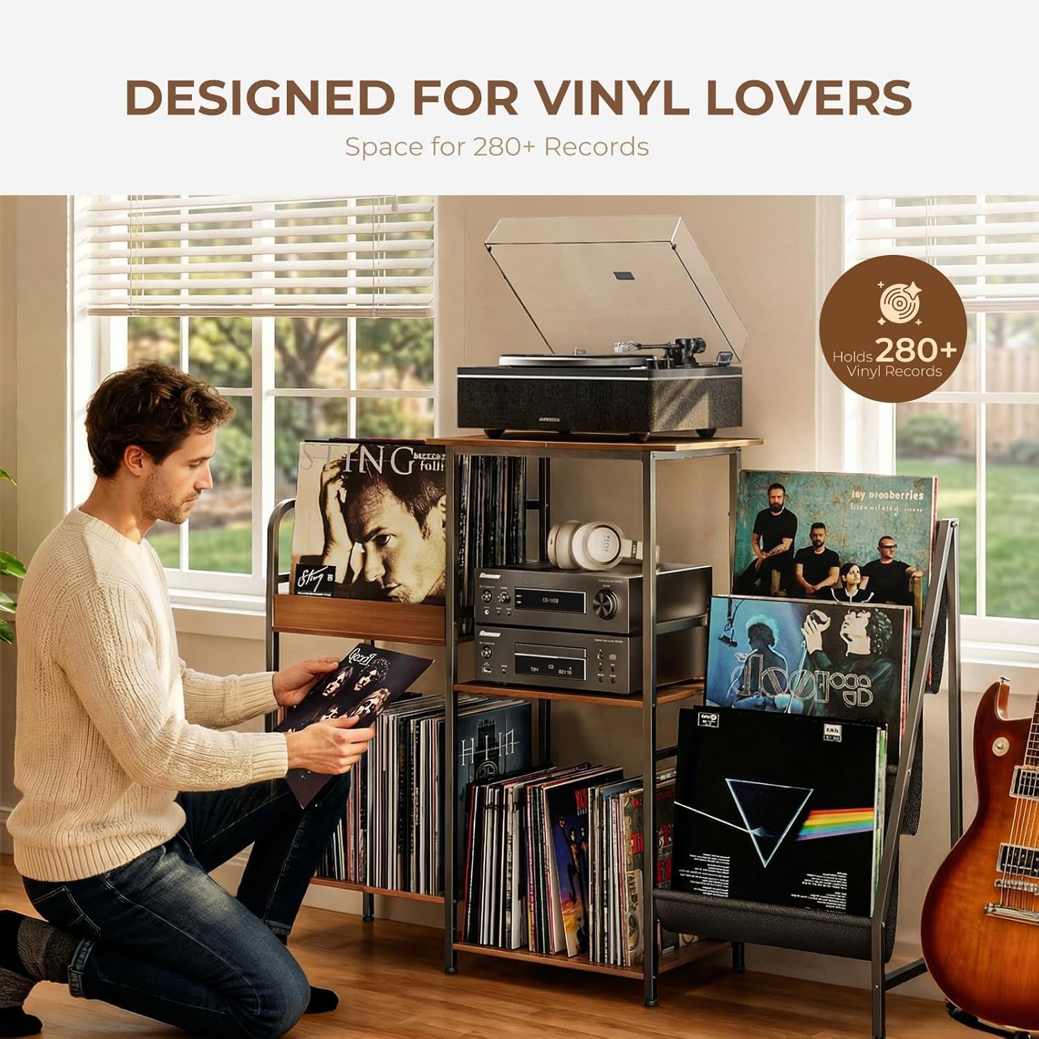 Vinyl Record Stand, 3-Tier Record Player Table with Left and Right Storage for Living Room Bedroom