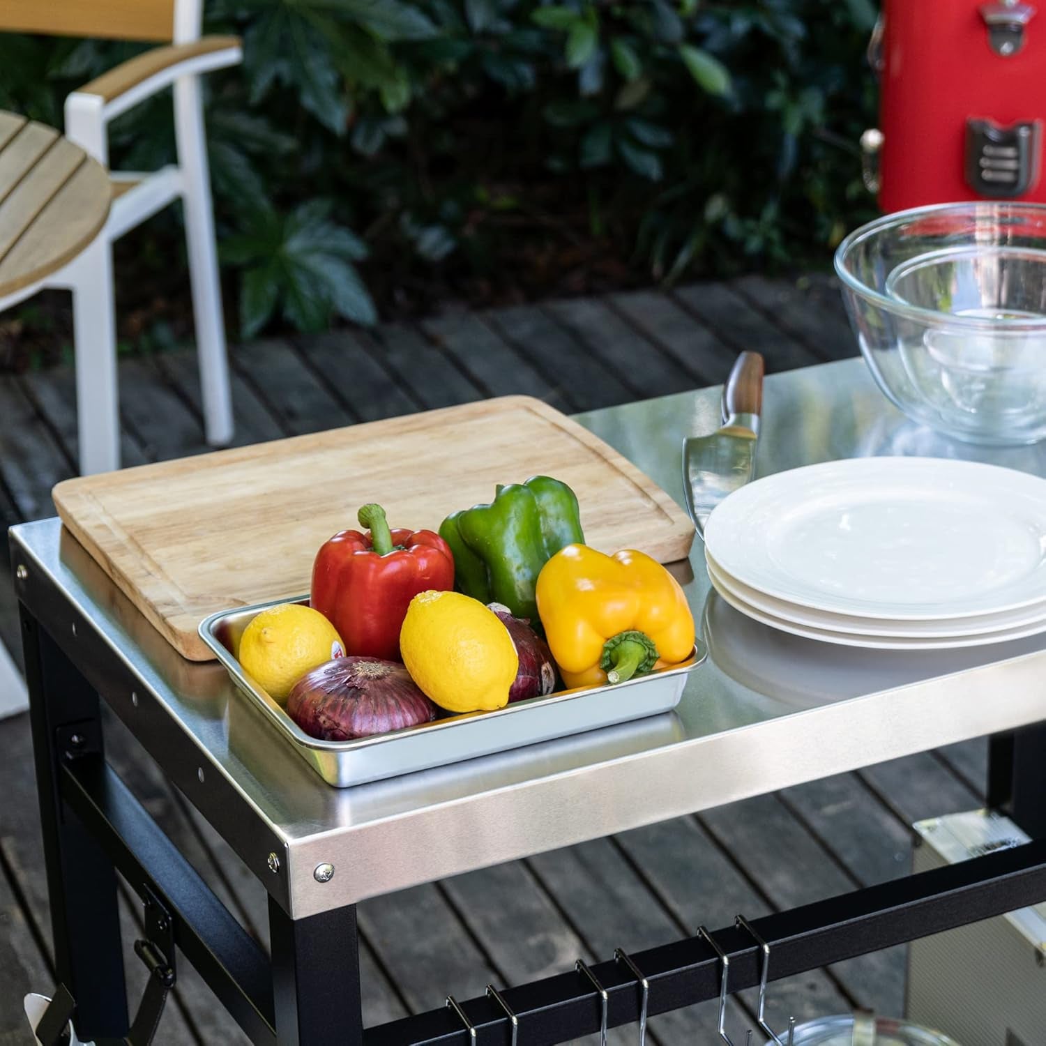 Dining Cart Table with Double-Shelf, Movable Stainless Steel Flattop Grill Cart, Hooks, Side Handle, Multifunctional PC3401S (Silver)