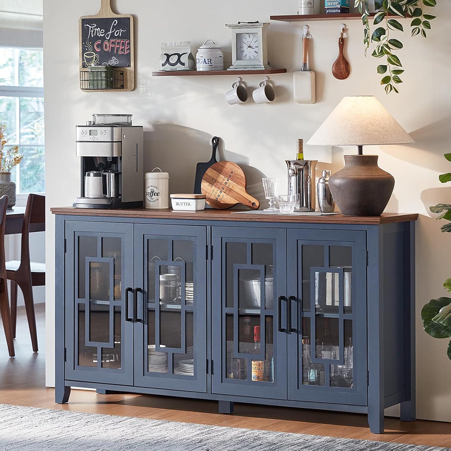 Large Sideboard Buffet Cabinet with Storage, 63" Farmhouse Navy Blue Kitchen Coffee Wine Bar Cabinet with 4 Glass Doors, Mid Century Modern Wood Side Board Table for Dining Room, Living Room
