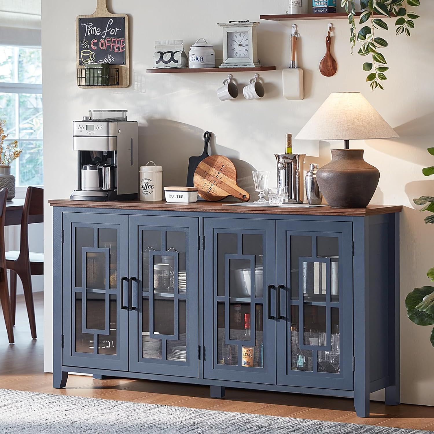Large Sideboard Buffet Cabinet with Storage, 63" Farmhouse Navy Blue Kitchen Coffee Wine Bar Cabinet with 4 Glass Doors, Mid Century Modern Wood Side Board Table for Dining Room, Living Room