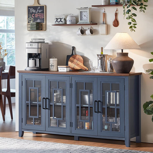 Large Sideboard Buffet Cabinet with Storage, 63" Farmhouse Navy Blue Kitchen Coffee Wine Bar Cabinet with 4 Glass Doors, Mid Century Modern Wood Side Board Table for Dining Room, Living Room
