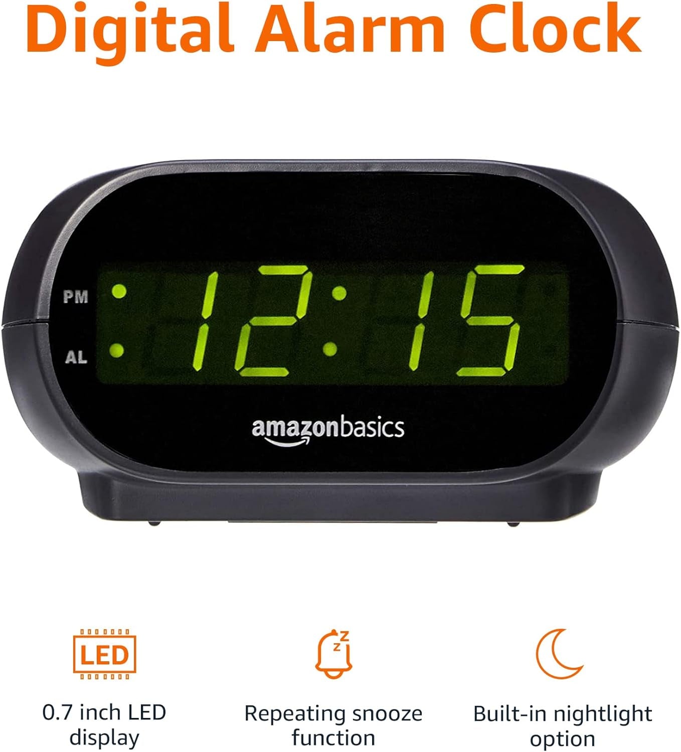 Small Digital Oval Alarm Clock with LED Display, Nightlight & Battery Backup, Black, 4.5 X 3.5 X 2.4 Inches