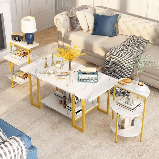 Coffee Table Set of 3,Rectangle Coffee Table&2 Accent Table,Faux Marble Tabletop,3 Piece Living Room Table Sets with Multi Tier Storage, for Small Space, Apartment,White & Gold (Lcts-Wg)