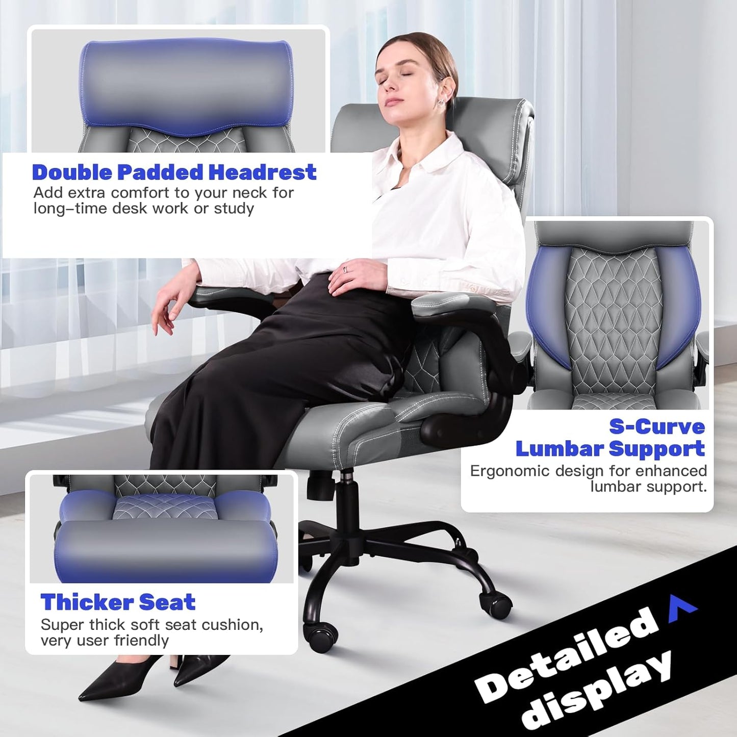 High Back Executive Ergonomic Computer Desk Chair with Rocking Function, Leather Managerial Office Chair with Adjustable Flip-Up Armrests and Lumbar Support