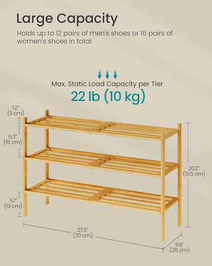 Bamboo Shoe Rack for Closet, Stackable Shoe Oragnizer with Modular Structure, Space-Saving Free Standing Shelf for Entryway Bedroom, 3-Tier, Holds 12-16 Pairs, Natural Color ULBS053YL01