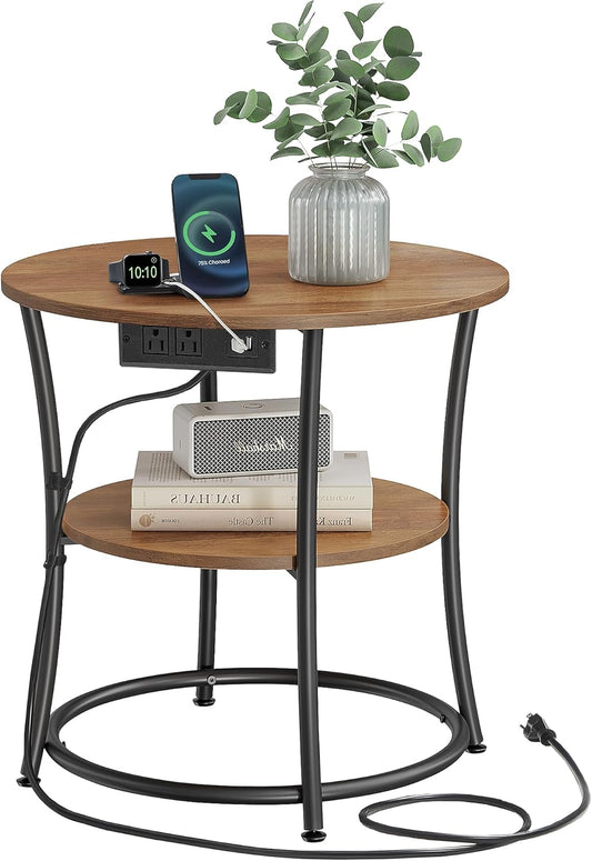 Side Table, 2-Tier round End Table with Power Outlets, Nightstand with Steel Frame for Small Spaces, Living Room, Bedroom, Honey Brown and Ink Black ULET077K02