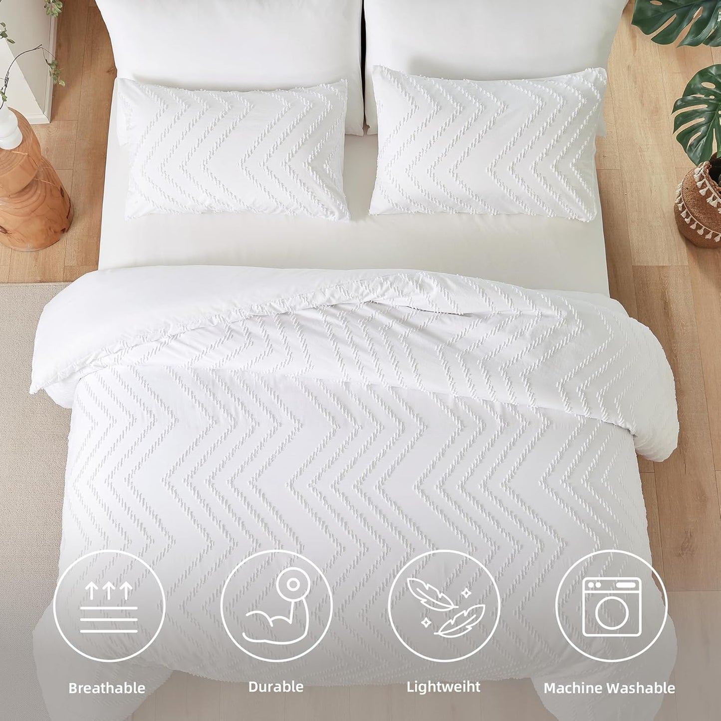White Comforter Queen Size 3Pcs, Boho Chevron Queen White Farmhouse Bedding Sets, Vertical Tufted Lightweight Neutral Boho Bed Set (1 Comforter, 2 Pillowcases)