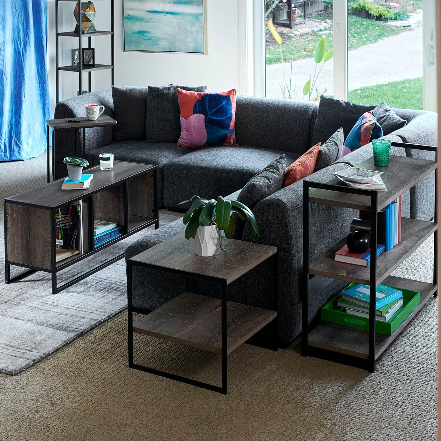 Jamestown TV Stand Coffee Table with Square Cube Storage Compartments Ashwood Rustic Wood Grain and Black Metal