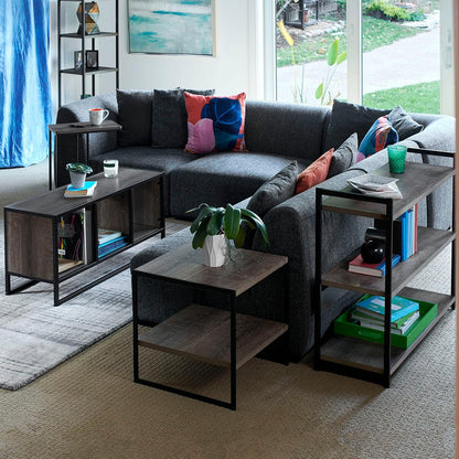 Jamestown TV Stand Coffee Table with Square Cube Storage Compartments Ashwood Rustic Wood Grain and Black Metal