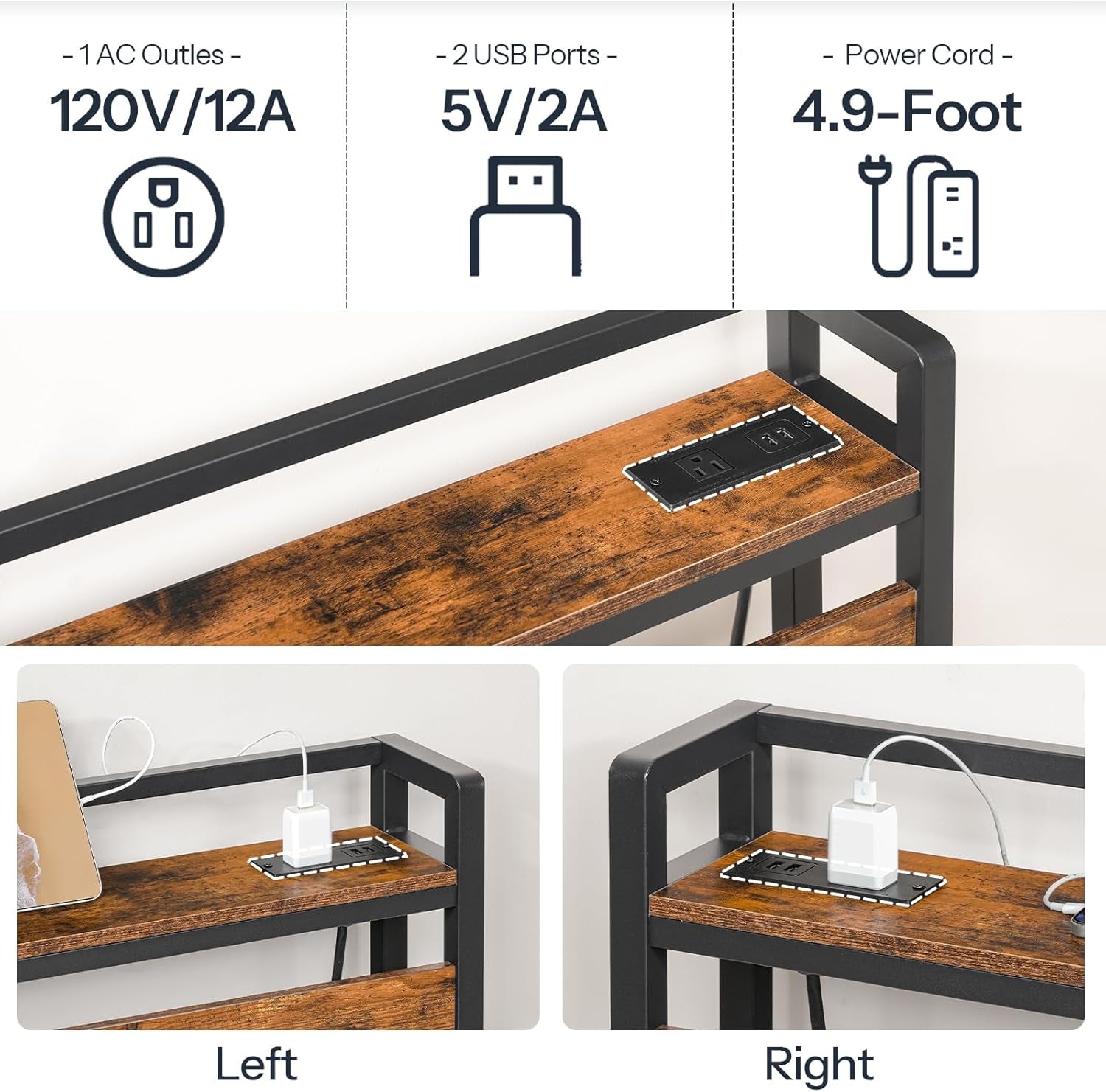 Headboard Queen Size, Headboard with 2 Outlets and 4 USB Ports, Adjustable Height, Storage Rack, Sturdy and Stable, Easy Assembly, Rustic Brown and Black