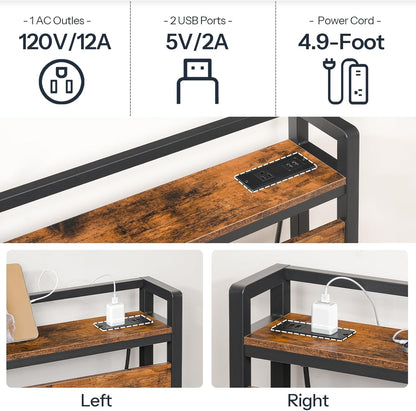 Headboard Queen Size, Headboard with 2 Outlets and 4 USB Ports, Adjustable Height, Storage Rack, Sturdy and Stable, Easy Assembly, Rustic Brown and Black