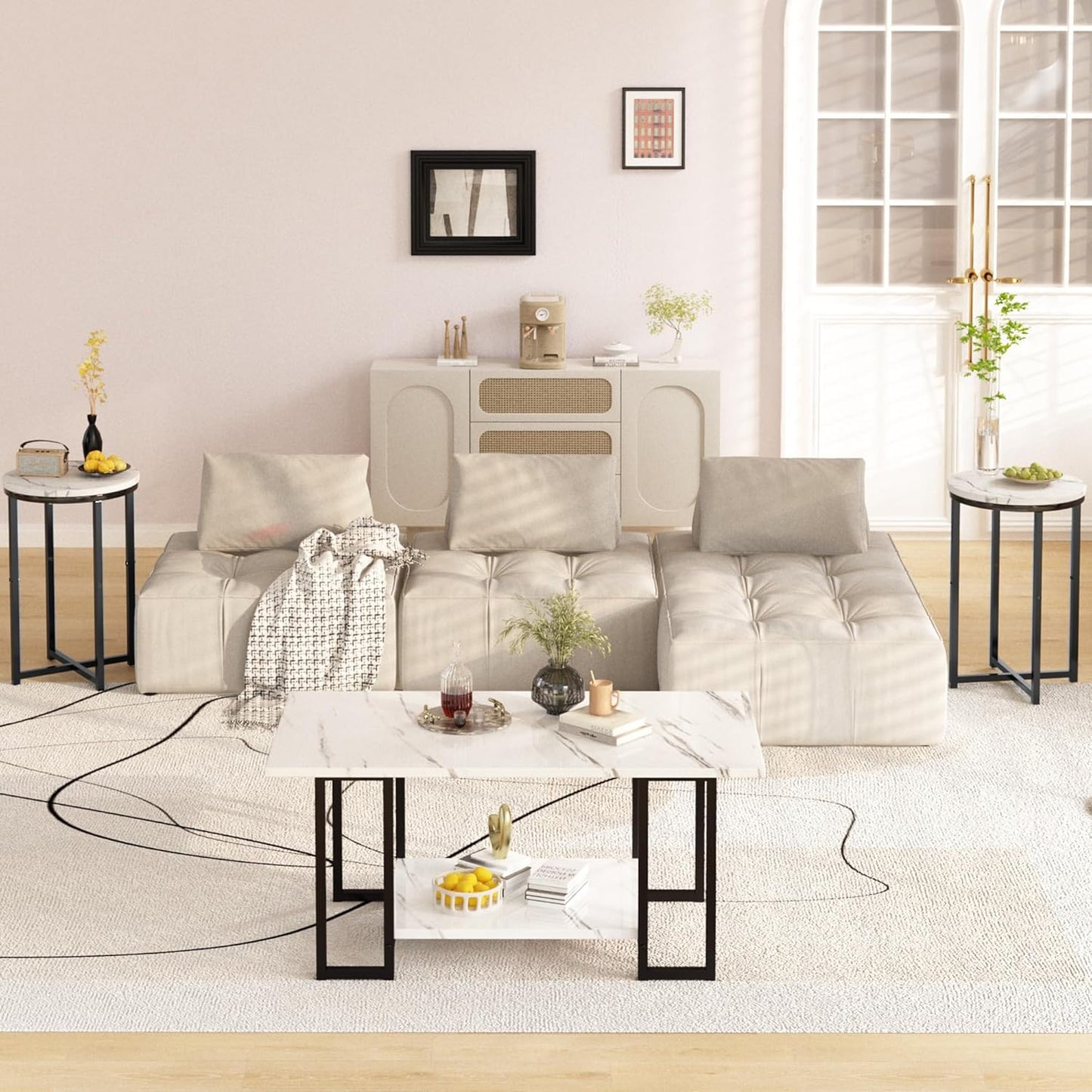3 Pieces Living Room Table Set, Faux Marble Coffee Table with 2 round End Side Tables, Coffee Table Set with Metal Frame for Apartment Home Office, White Black