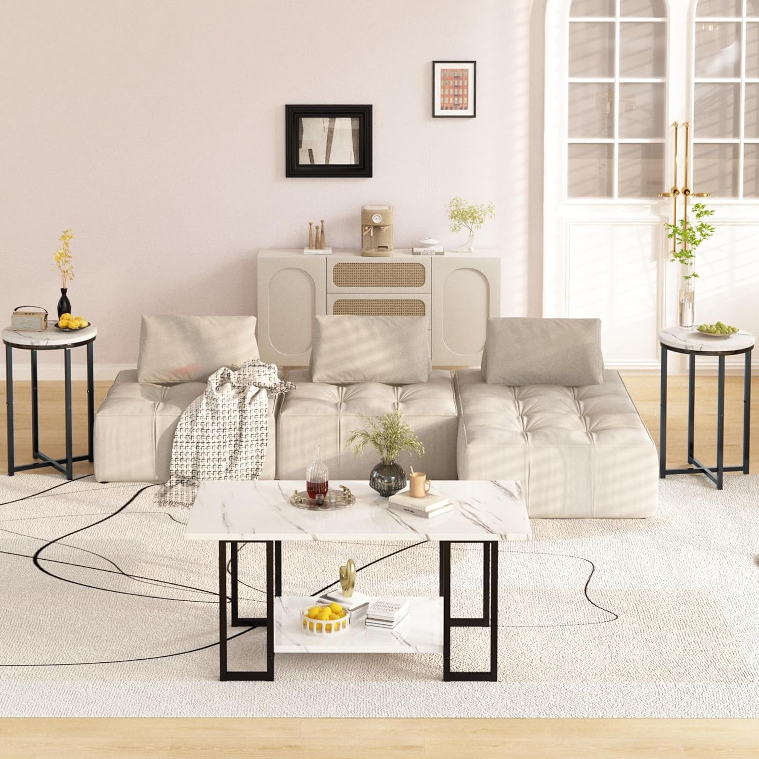 3 Pieces Living Room Table Set, Faux Marble Coffee Table with 2 round End Side Tables, Coffee Table Set with Metal Frame for Apartment Home Office, White Black