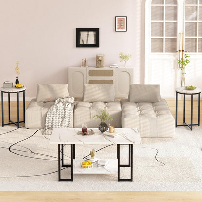 3 Pieces Living Room Table Set, Faux Marble Coffee Table with 2 round End Side Tables, Coffee Table Set with Metal Frame for Apartment Home Office, White Black