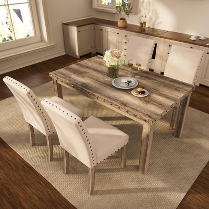 Farmhouse Dining Set for 4, 60" Rectangular Wooden Table & 4 Upholstered Chairs with Nailhead Accents, 5-Piece Kitchen Table Set for Dining Room, Breakfast Nook, Antique Rustic