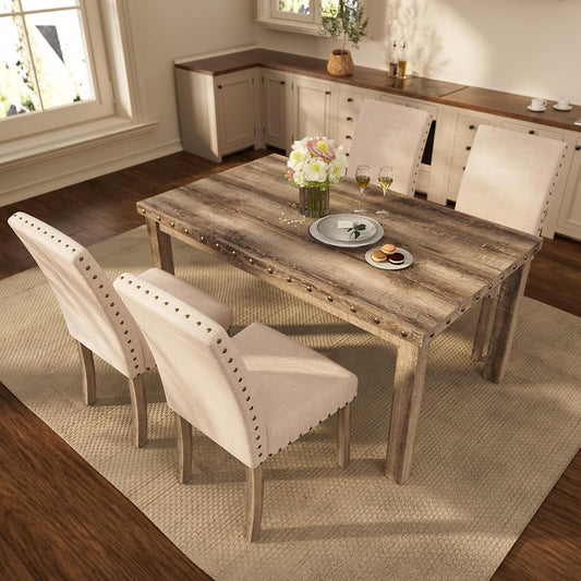Farmhouse Dining Set for 4, 60" Rectangular Wooden Table & 4 Upholstered Chairs with Nailhead Accents, 5-Piece Kitchen Table Set for Dining Room, Breakfast Nook, Antique Rustic
