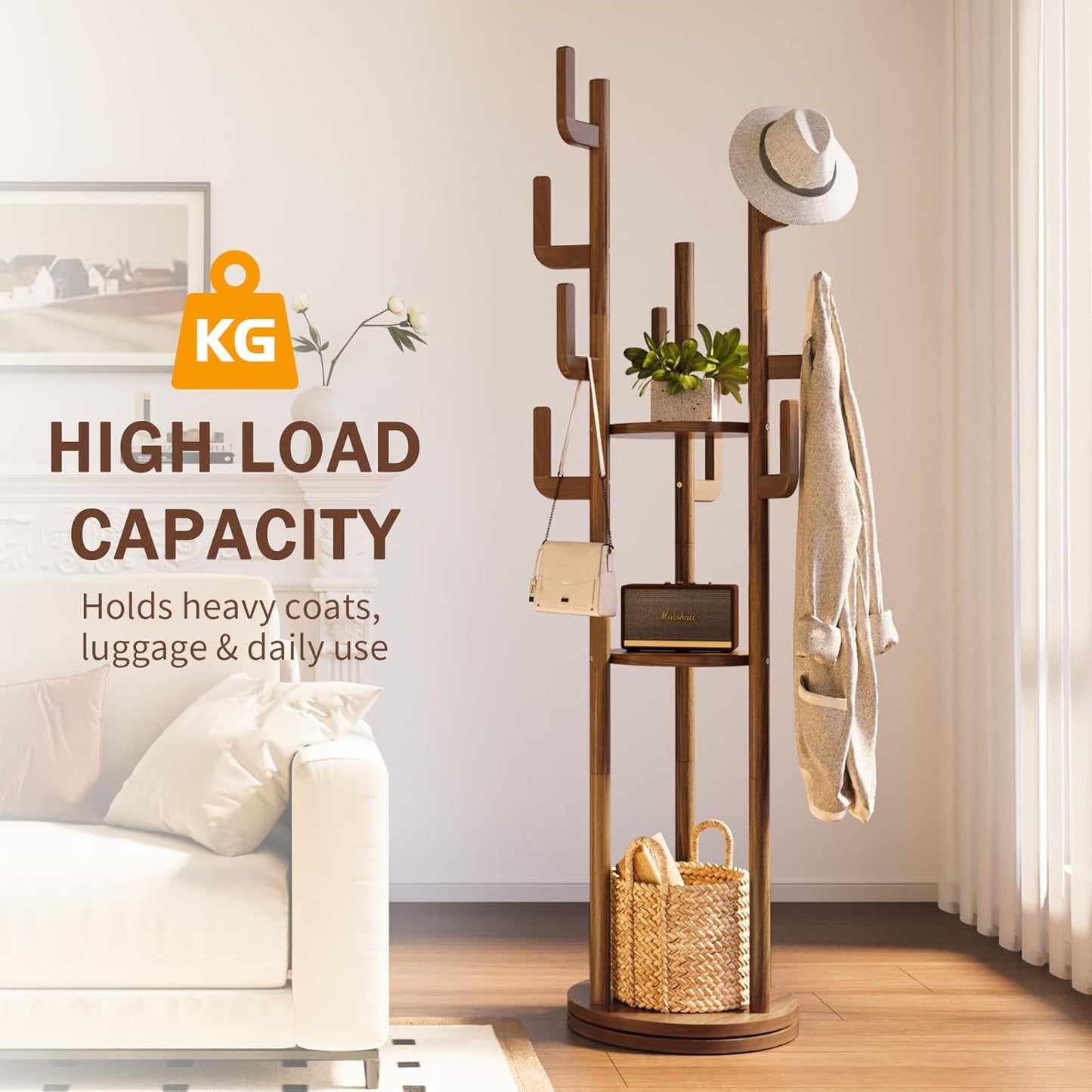 Rotary Coat Rack Freestanding - Solid Wood Coat Tree with 9 Hooks & 3 Storage Shelves for Purse, Bag, Jacket, Hat, Corner Hanger Stand Racks for Hall, Entryway, Office, Modern Clothes Holder