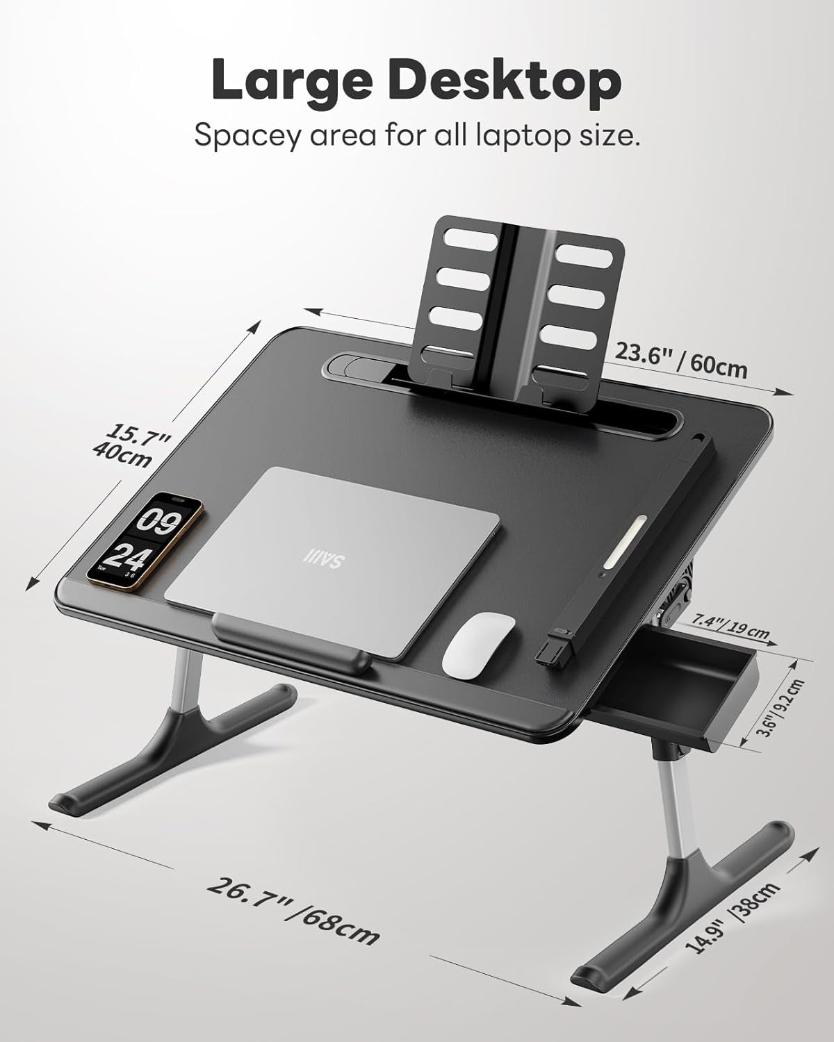 Laptop Table with LED Desk Light,  Laptop Stand for Bed, Height Adjustments Bed Desk with Book Stand for Reading Writing Drawing (Black)