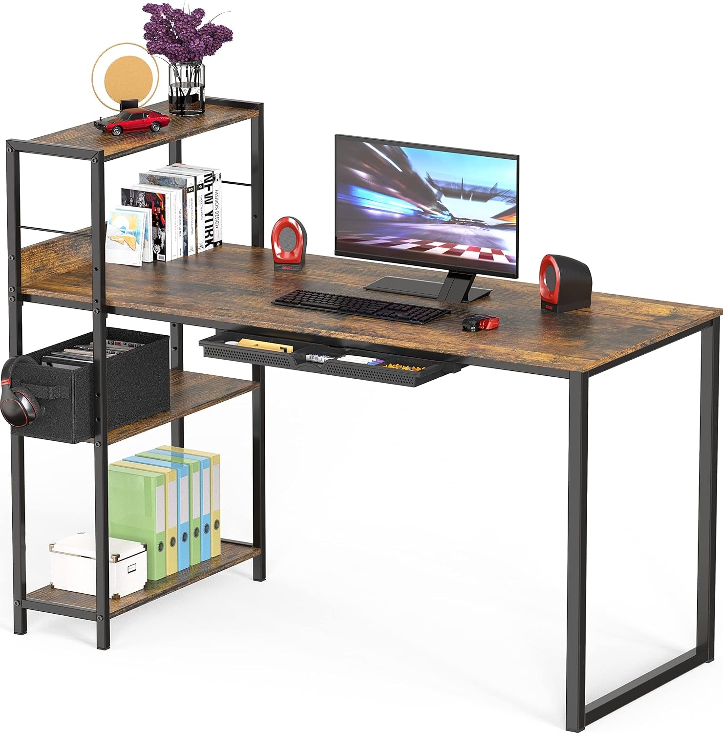 46-Inch Home Office Mission Computer Desk with Side Shelf and Drawer, Rustic Brown