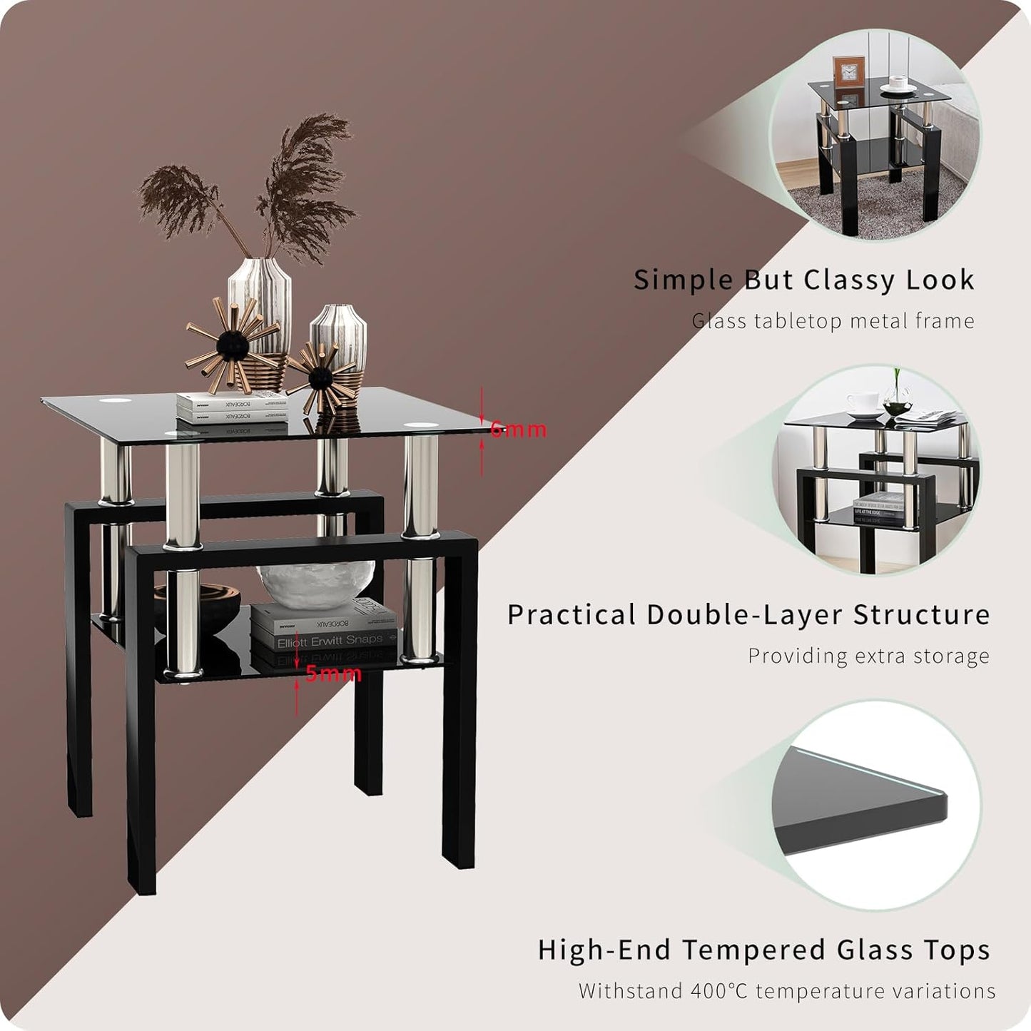 Black Glass End Tables, Small Glass Top End Table, Black Side Table, Square Shape, Tempered Glass Top, Metal Frame, for Living Room Bedroom (1Pcs End Table)