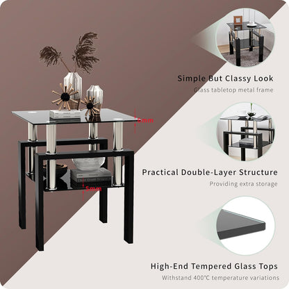 Black Glass End Tables, Small Glass Top End Table, Black Side Table, Square Shape, Tempered Glass Top, Metal Frame, for Living Room Bedroom (1Pcs End Table)
