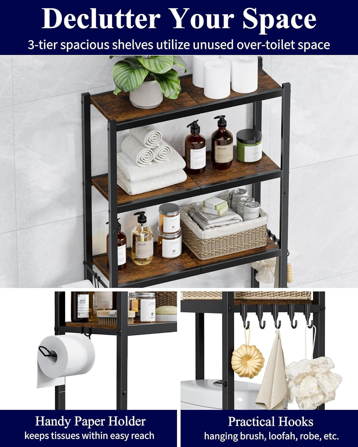 Over-The-Toilet Storage Rack - Freestanding over the Toilet Storage Cabinet with Paper Holder & Hooks, Bathroom Organizers and Storage, Brown + Black, 3 Tiers (61" H)