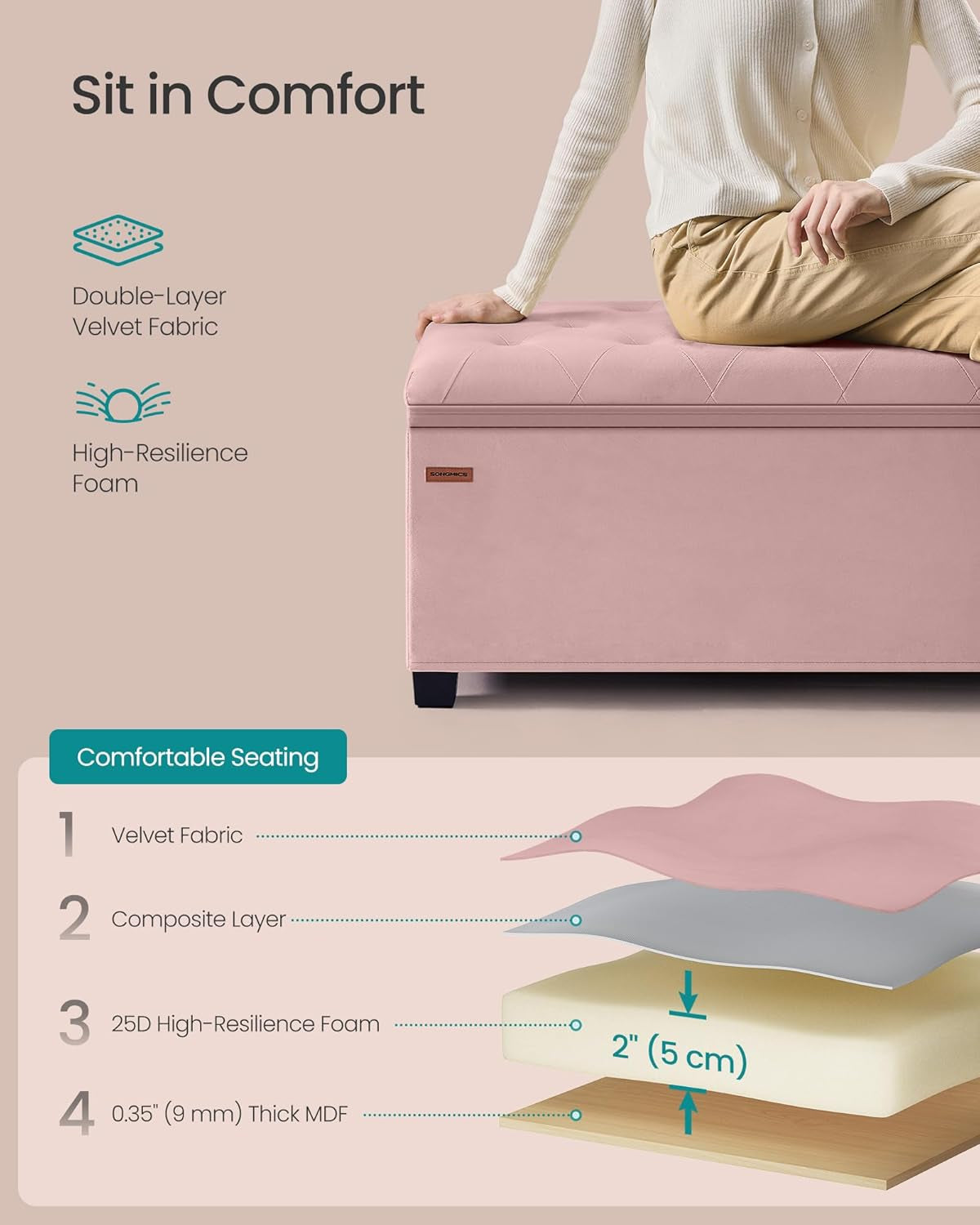 Velvet Storage Ottoman Bench, Foot Rest with Legs, 15.7 X 43 X 15.7 Inches, End of Bed Bench, Storage Chest, Load up to 660 Lb, for Living Room, Bedroom, Entryway, Jelly Pink ULSF089R01