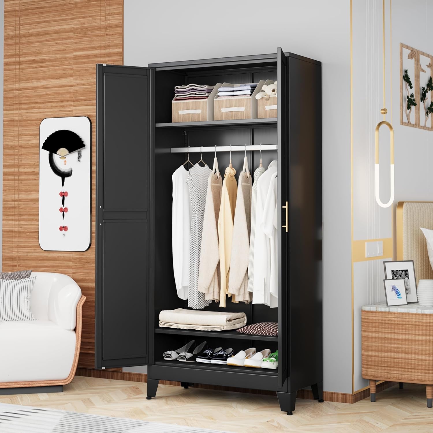 Metal Armoire Wardrobe Closet Storage Cabinet with Hanging Rod,71'' Metal Wardrobe Cabinet with 2 Doors and 2 Adjustable Shelves for Bedroom, Laundry Room, Cloak Room