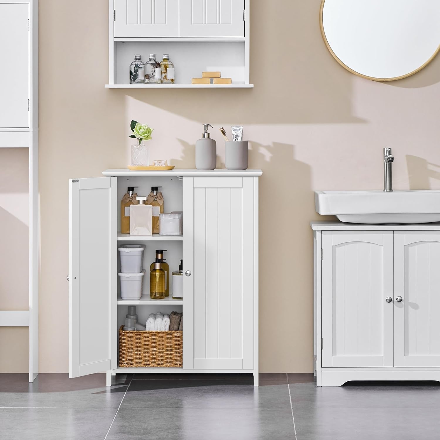 Bathroom Floor Cabinet, Modern Storage Freestanding Organizer Cabinet with Adjustable Shelves & Double Doors, 3-Tier Home Living Room Furniture, White