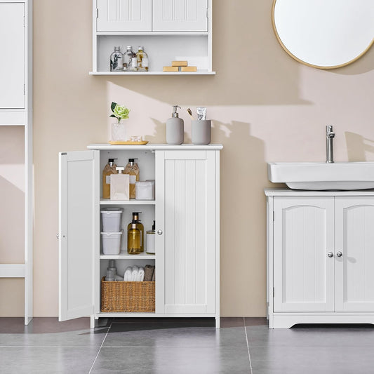 Bathroom Floor Cabinet, Modern Storage Freestanding Organizer Cabinet with Adjustable Shelves & Double Doors, 3-Tier Home Living Room Furniture, White