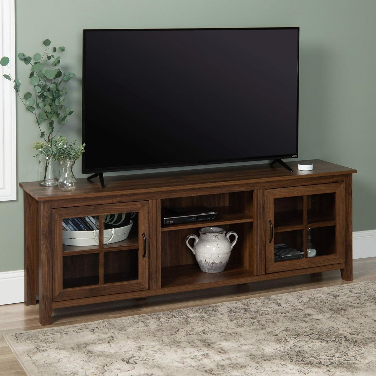 Portsmouth Classic 2 Glass Door TV Stand for Tvs up to 80 Inches, 70 Inch, Dark Walnut