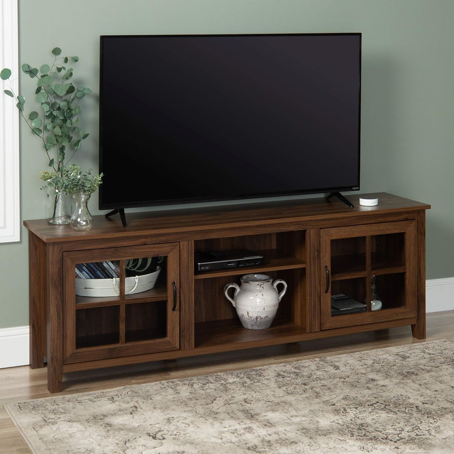 Portsmouth Classic 2 Glass Door TV Stand for Tvs up to 80 Inches, 70 Inch, Dark Walnut
