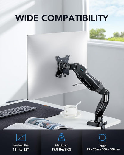 Single Monitor Mount, 13 to 32 Inch Monitor Arm, Adjustable Monitor Stand, Vesa Mount with Clamp and Grommet Base - Fits 4.4 to 19.8Lbs LCD Computer Monitors