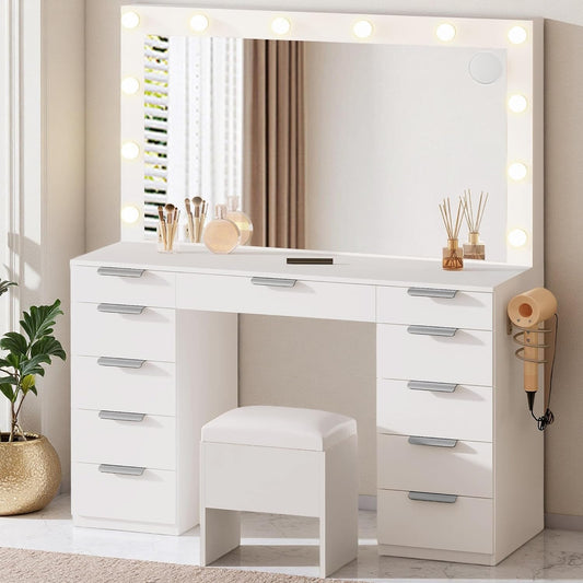 Vanity Desk Set with Mirror & Power Outlets, Vanity Table with Stool, 12 LED Bulbs, 3 Dimmable Light Colors, 11 Drawers, Hair Dryer Rack & Magnifying Mirror