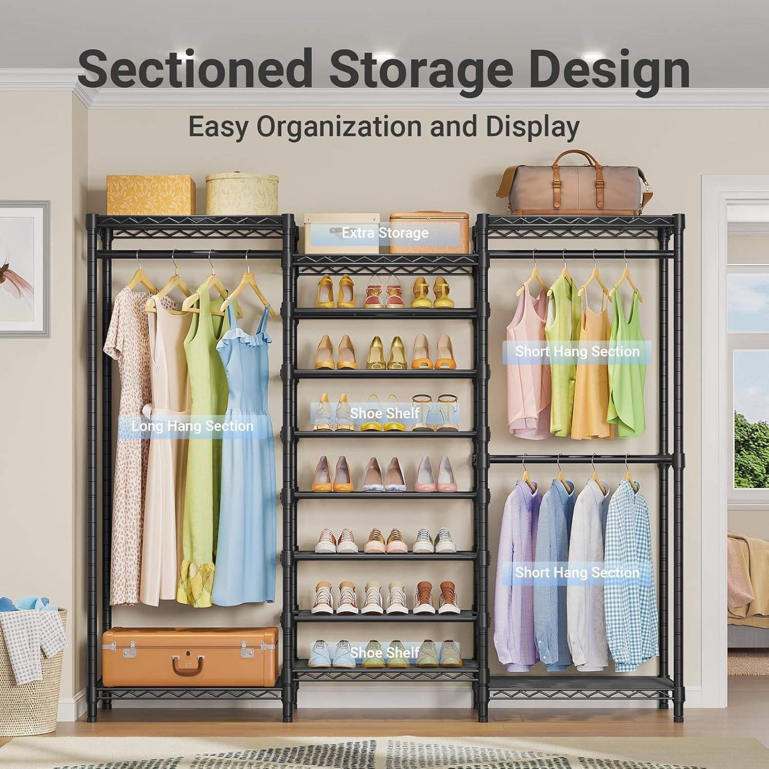 S3C Heavy Duty Portable Closet with Adjustable Shoe Rack Wire Shelf, Large Wardrobe Organizer for Bedroom Storage, Freestanding Clothes Rack with Hanging Rod, Custom Black Rack with Black Cover