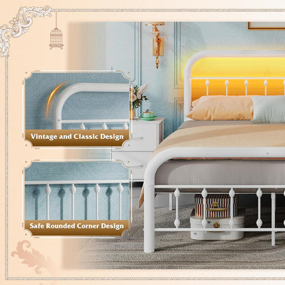 Bed Frame King Size, King Size Bed Frame and Headboard, King Bed Frames with LED Lights and Charging Station,No Box Spring Required,Easy Assembly,White