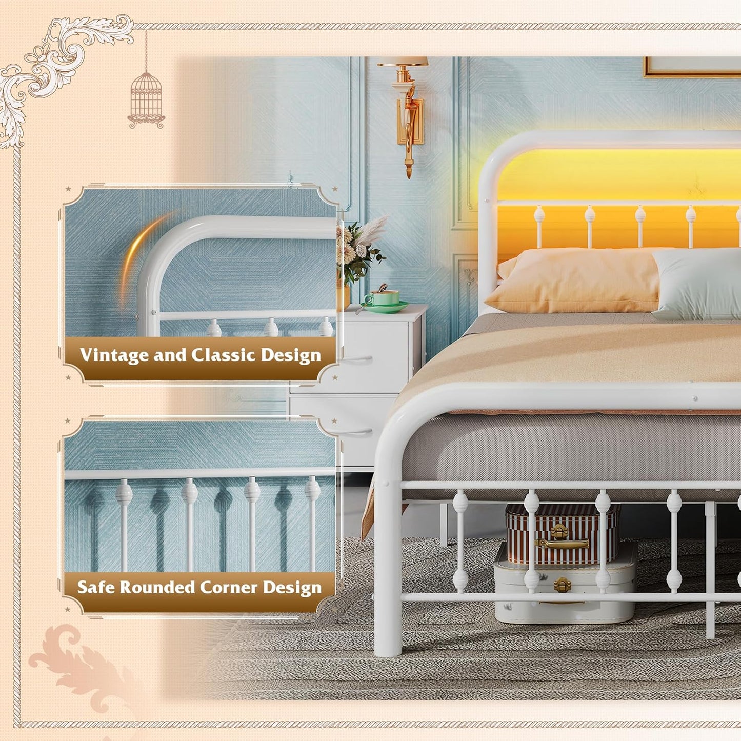 Twin Bed Frame, Twin Size Bed Frames with LED Lights and Charging Station, Metal Bed Frame with Headboard, No Box Spring Required,Easy Assembly,White