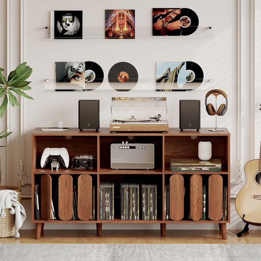 55" Record Player Stand, Wood Rustic Vinyl Record Storage Cabinet with Charging Station, 2 Outlets & USB Ports, Modern Wide Turntable Stand with Open Shelves Holder, Mid-Century Design