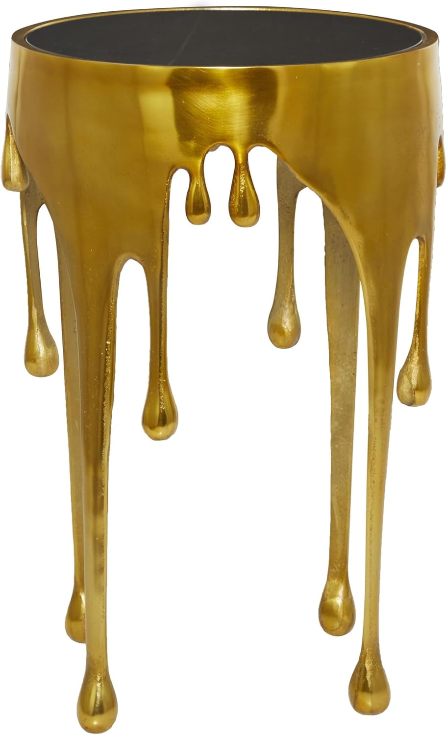 Aluminum Metal Abstract Melting Drip Accent Table with Melting Design and Shaded Glass Top, 16' X 16' X 25', Gold