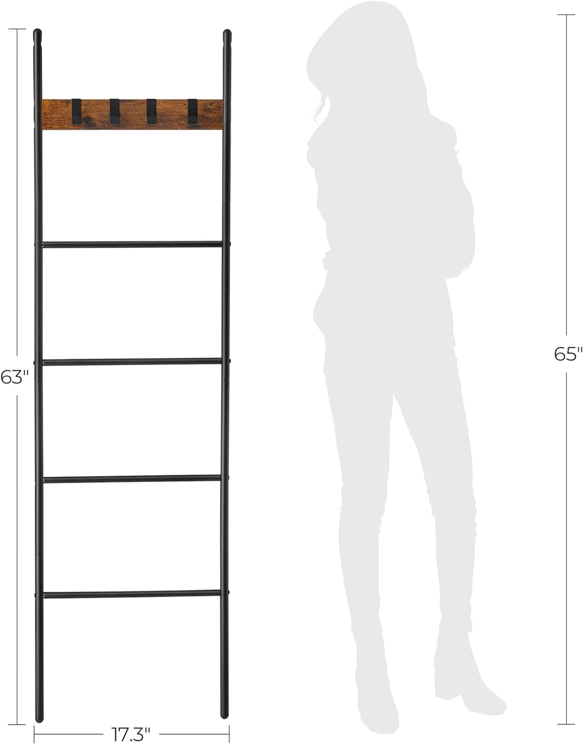 Blanket Ladder, 5-Tier Ladder Shelf, Decorative Ladder with 4 Removable Hooks, Metal Frame, Industrial Style, Rustic Brown and Black ULLS016B01