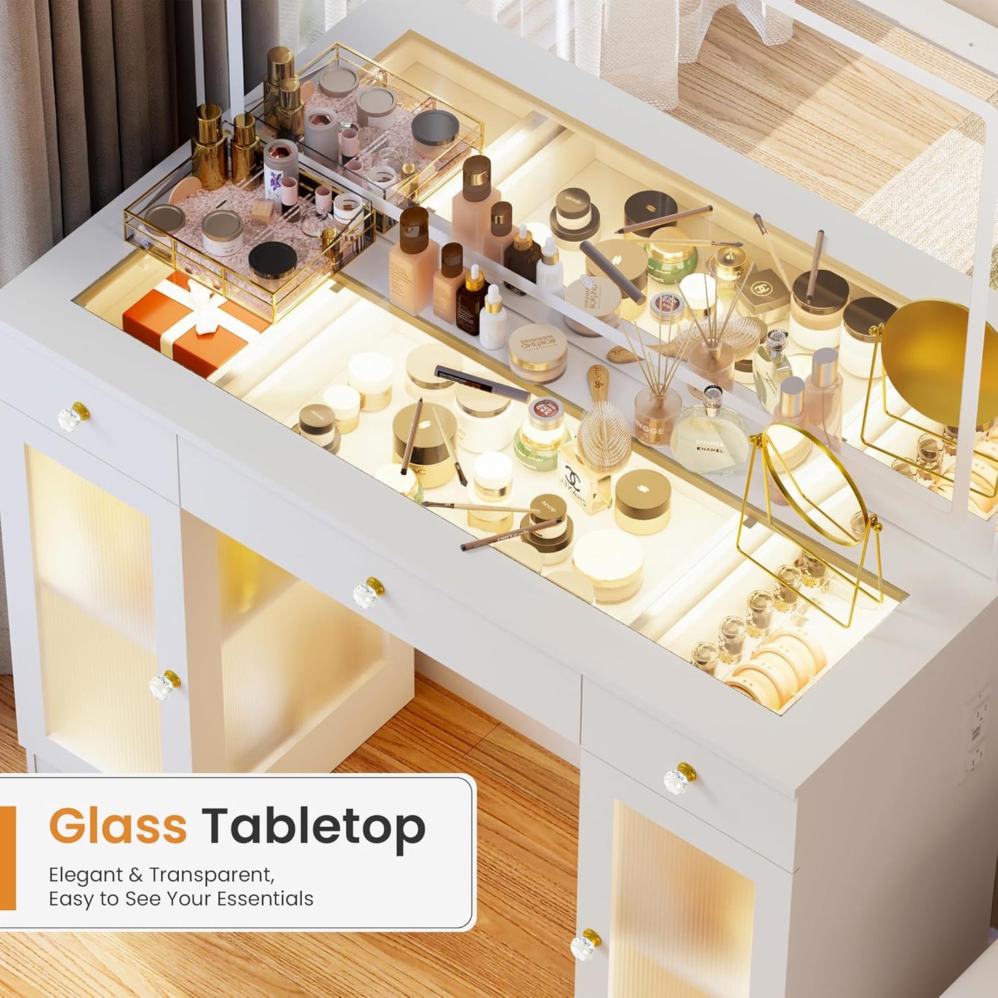 Makeup Vanity with Crystal Knobs, Glass Top Vanity Desk with Mirror and Lights, Power Outlet, Drawers and Cabinet, 3 Lighting Color Adjustable Dressing Table, Upgraded Silent Slides, White