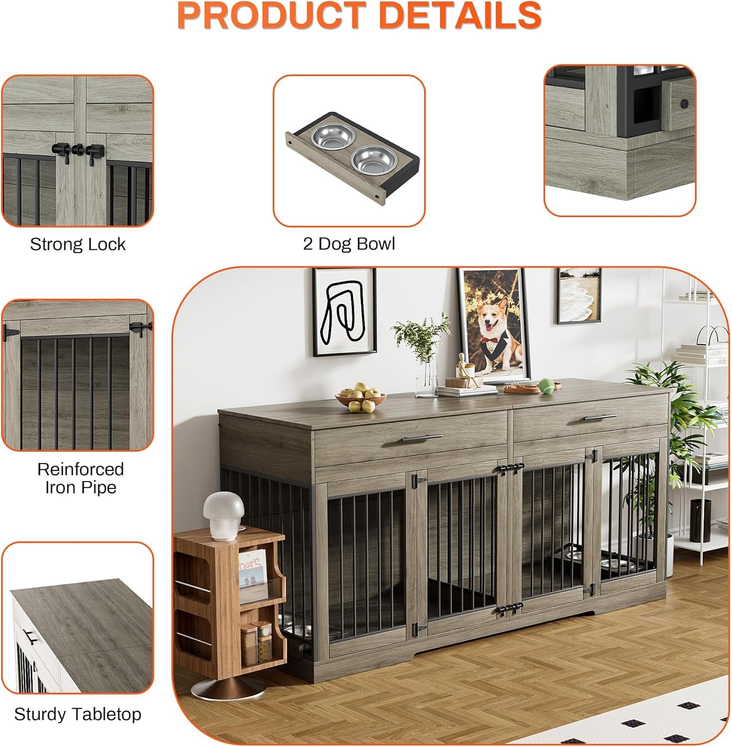 72" Dog Crate Furniture for 2 Dogs, Large Dog Kennel Furniture with 2 Storage Drawer and Removable Divider, Wooden Dog Cage with 4 Bowls, Indoor Dog House TV Stand for Medium Dog, Grey