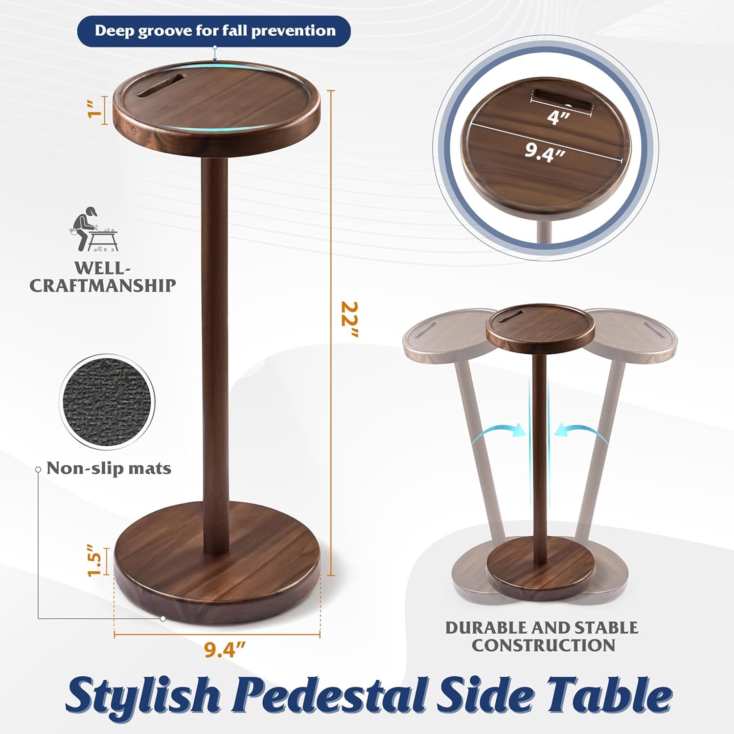 Drink Table, 22" Tall Compact Side Table with Phone Slot and Weighted Base, Durable Pedestal Table Accent for Living Room (Flat, Walnut)