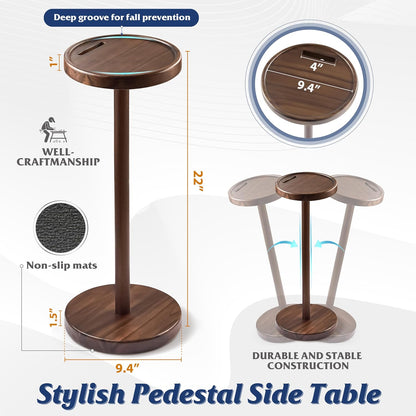 Drink Table, 22" Tall Compact Side Table with Phone Slot and Weighted Base, Durable Pedestal Table Accent for Living Room (Flat, Walnut)