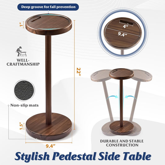Drink Table, 22" Tall Compact Side Table with Phone Slot and Weighted Base, Durable Pedestal Table Accent for Living Room (Flat, Walnut)