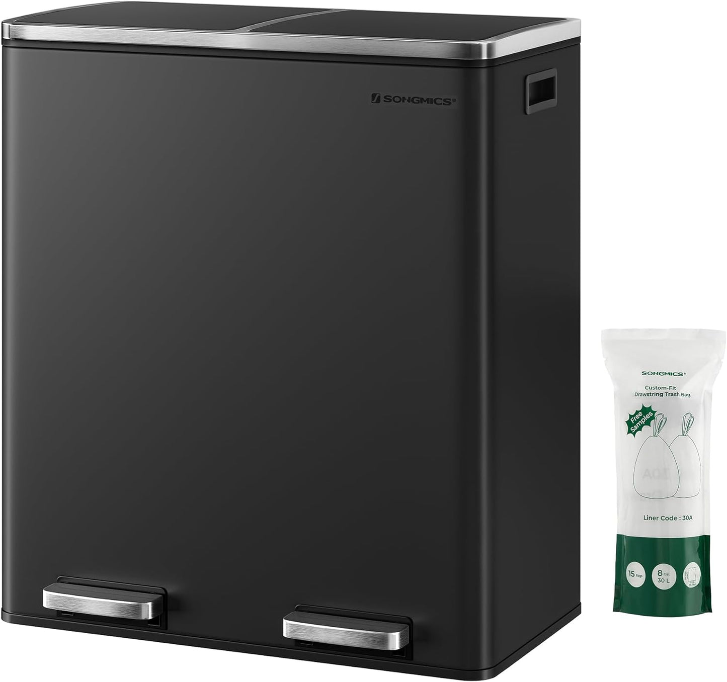 Trash Can, 2 X 8 Gallon (2 X 30 L) Garbage Can for Kitchen, with 15 Trash Bags, 2 Compartments, Plastic Inner Buckets and Hinged Lids, Airtight, Silver and Black ULTB60NL
