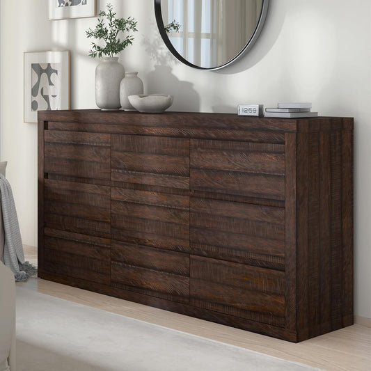 Modern 9 Drawer Dresser for Bedroom, Wide Chest of Drawers with Anti-Tipping Device, Wooden Storage Cabinet and TV Stand for Closet, Living Room or Hallway,Brown